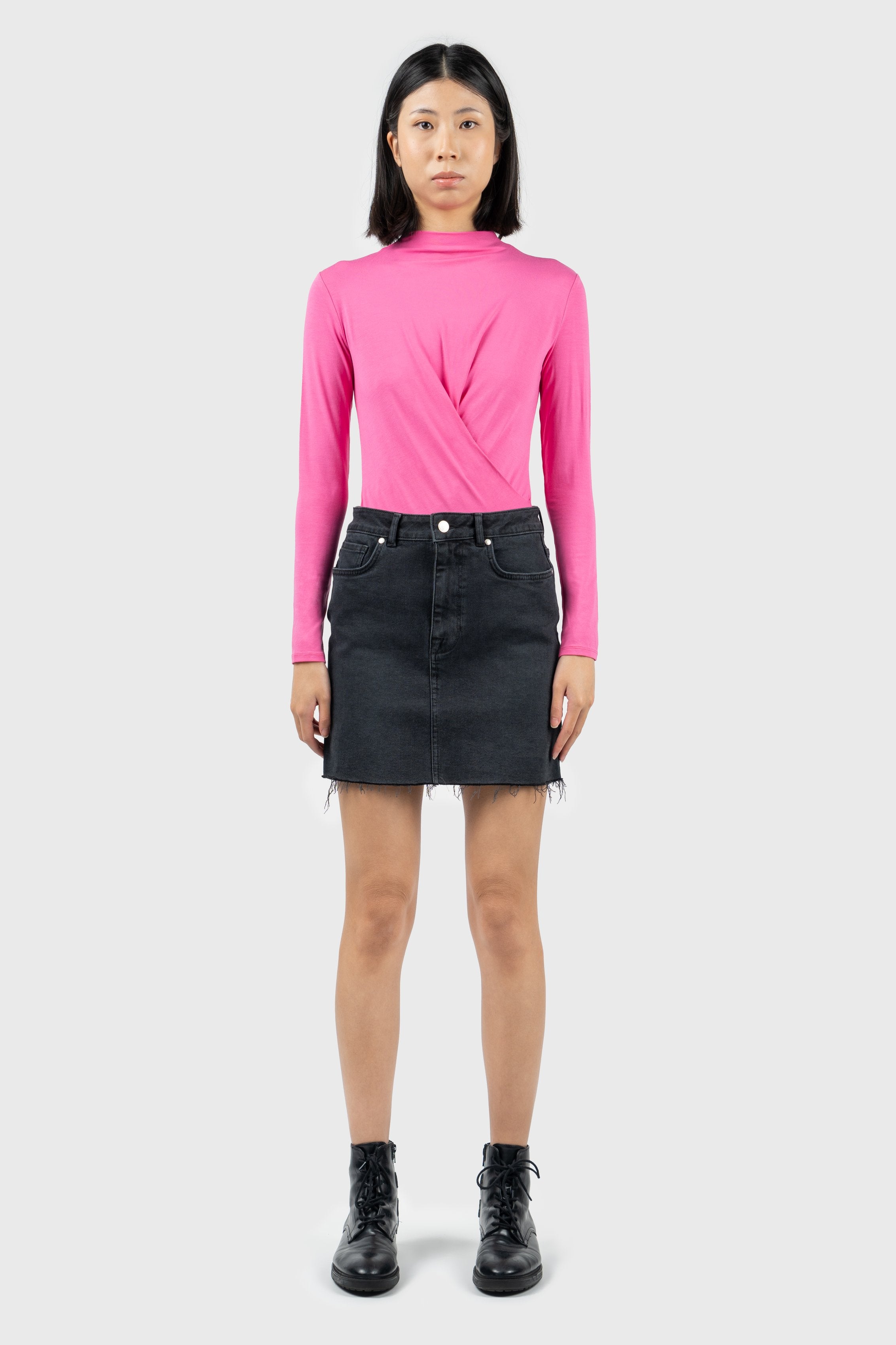 Turtle Neck Black Shirt With Denim Skirt Two Piece Going Out Sets