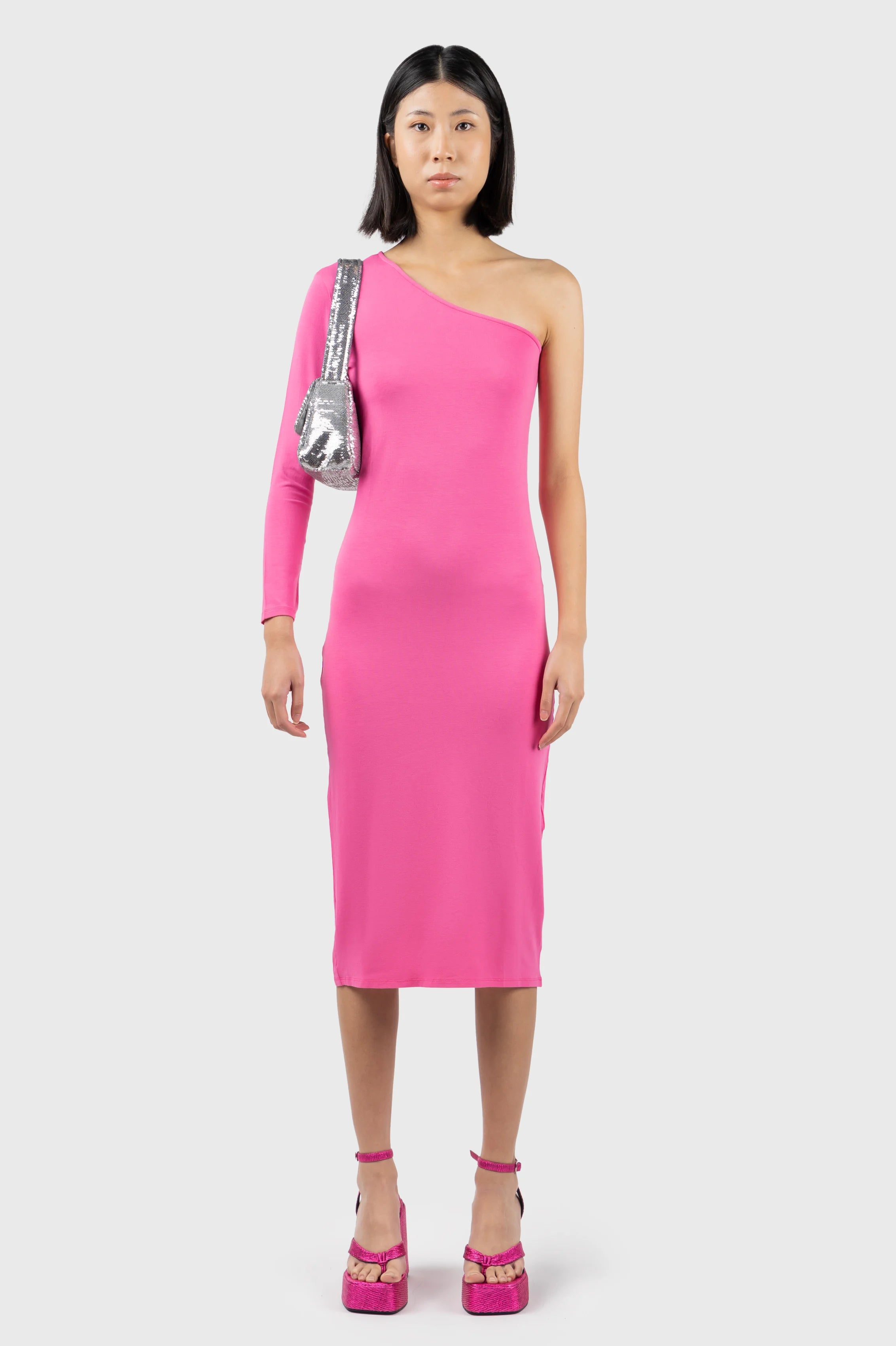 Pink punch one shoulder midi dress best sale