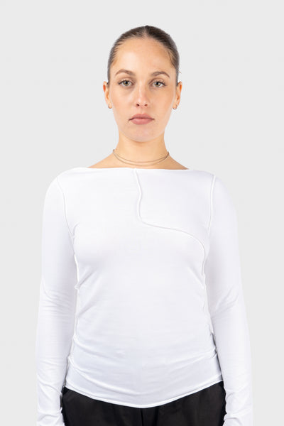 Exposed Seam Boat Neck Long Sleeve Top